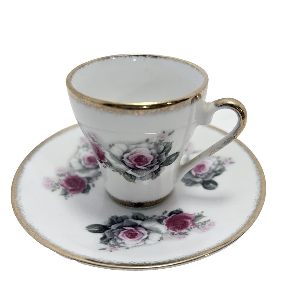 Pink/Purple Rose Demitasse Teacup & Saucer Set w/ Gold Trim~ Original 1930s 2"h